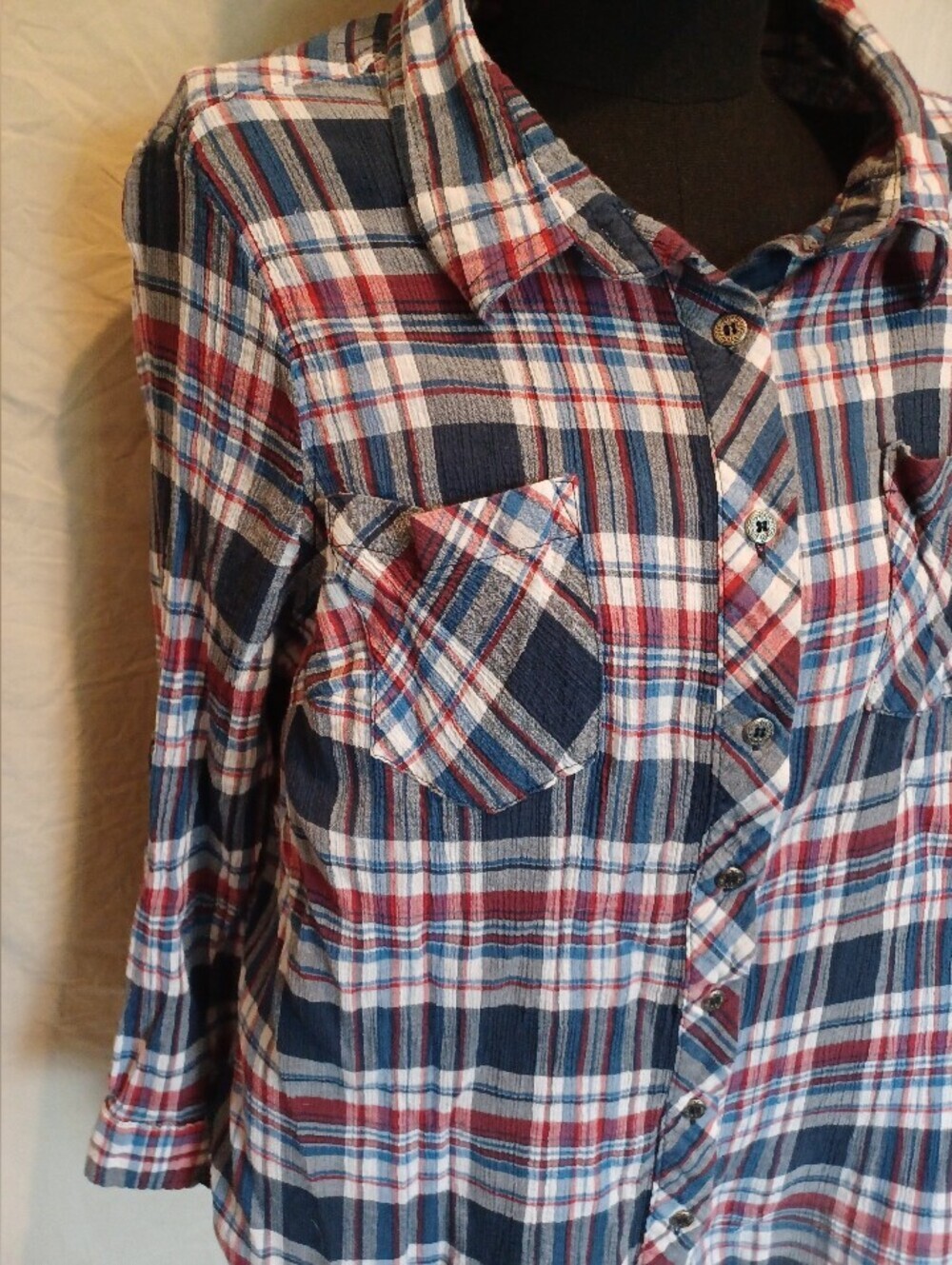 Catherines Red, Navy & Light Blue Plaid Button-Up Utility Shirt Blouse - Picture 4 of 12